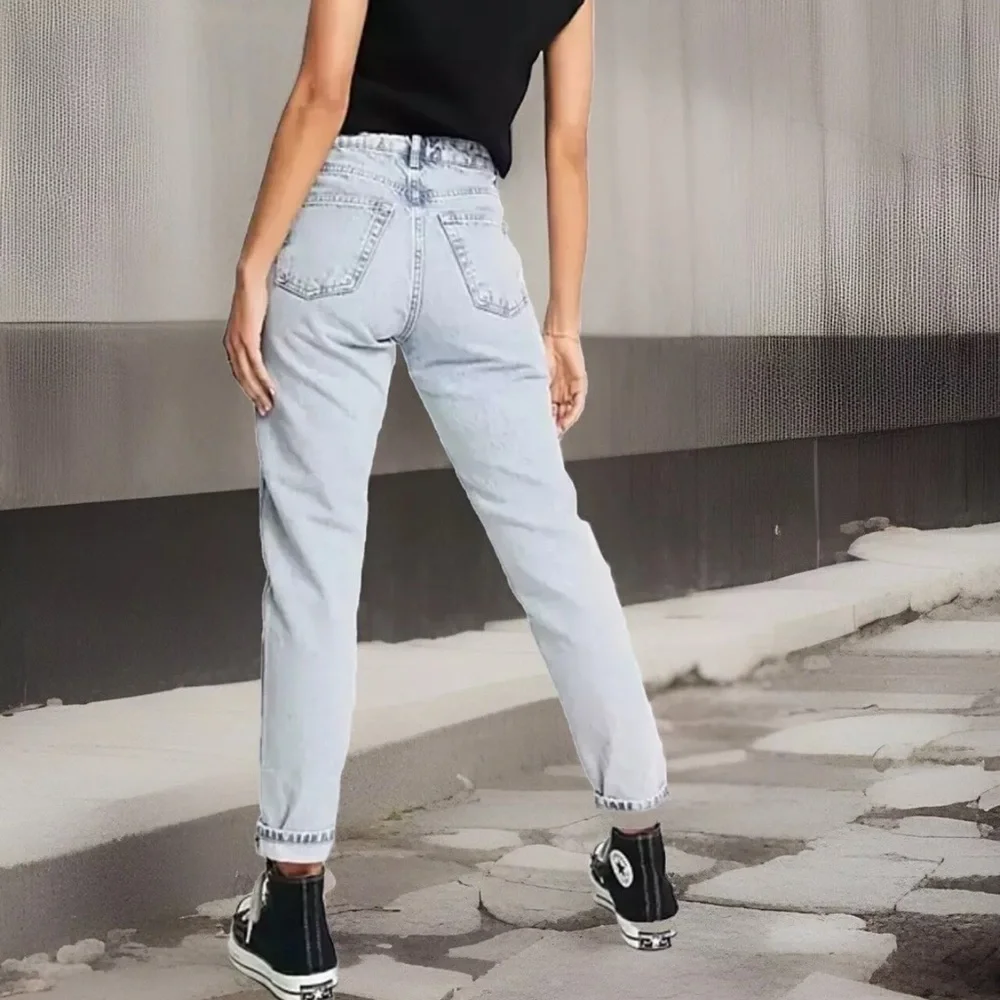 TOPSHOP Mom Jeans Womens Size 26 Blue Acid Wash Moto Mom High Waist Tapered CUTE